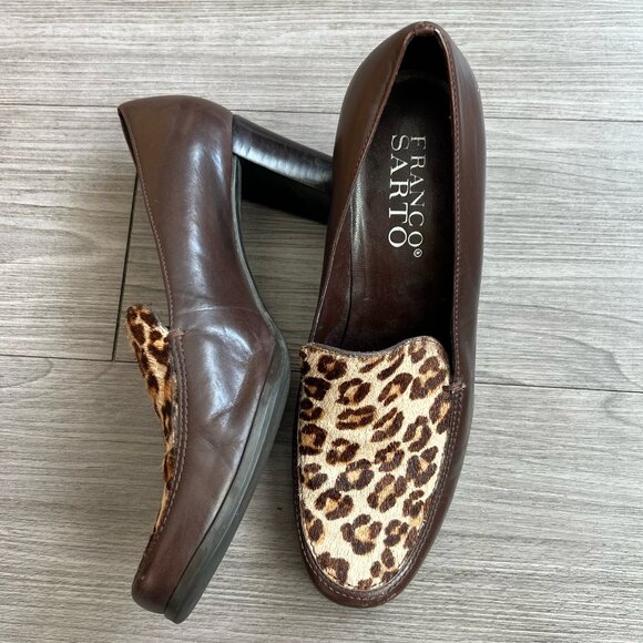 Vtg Franco Sarto Brown Leather Leopard Animal Print Calf Hair Pumps Size W7.5 - Picture 1 of 9